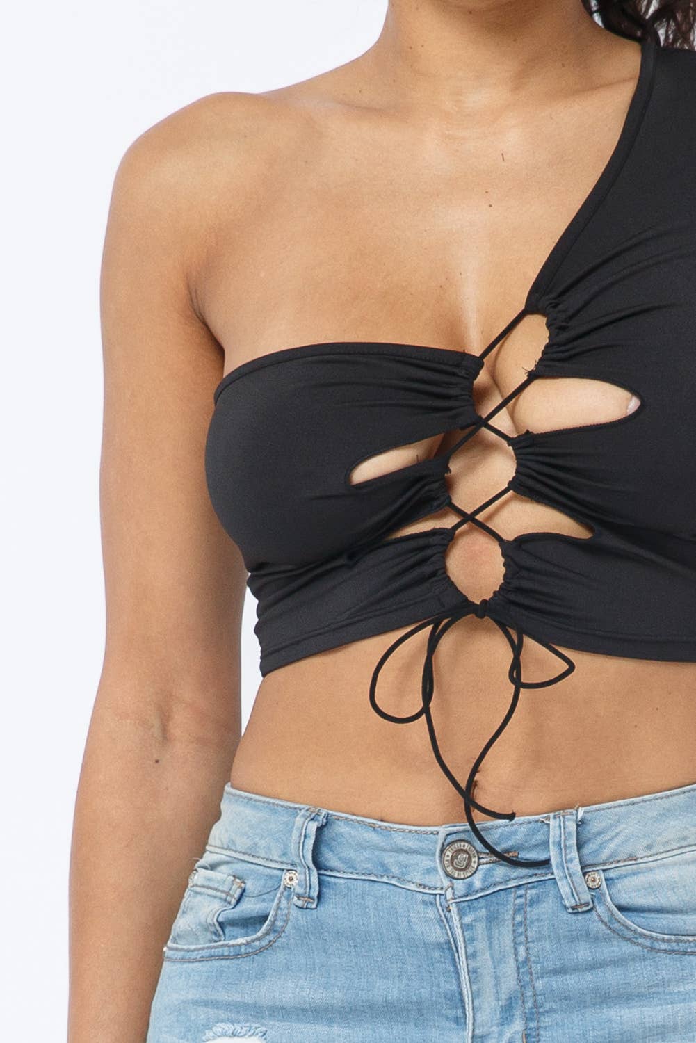 Yoga Fabric One Shoulder Front Open Tie Crop Top