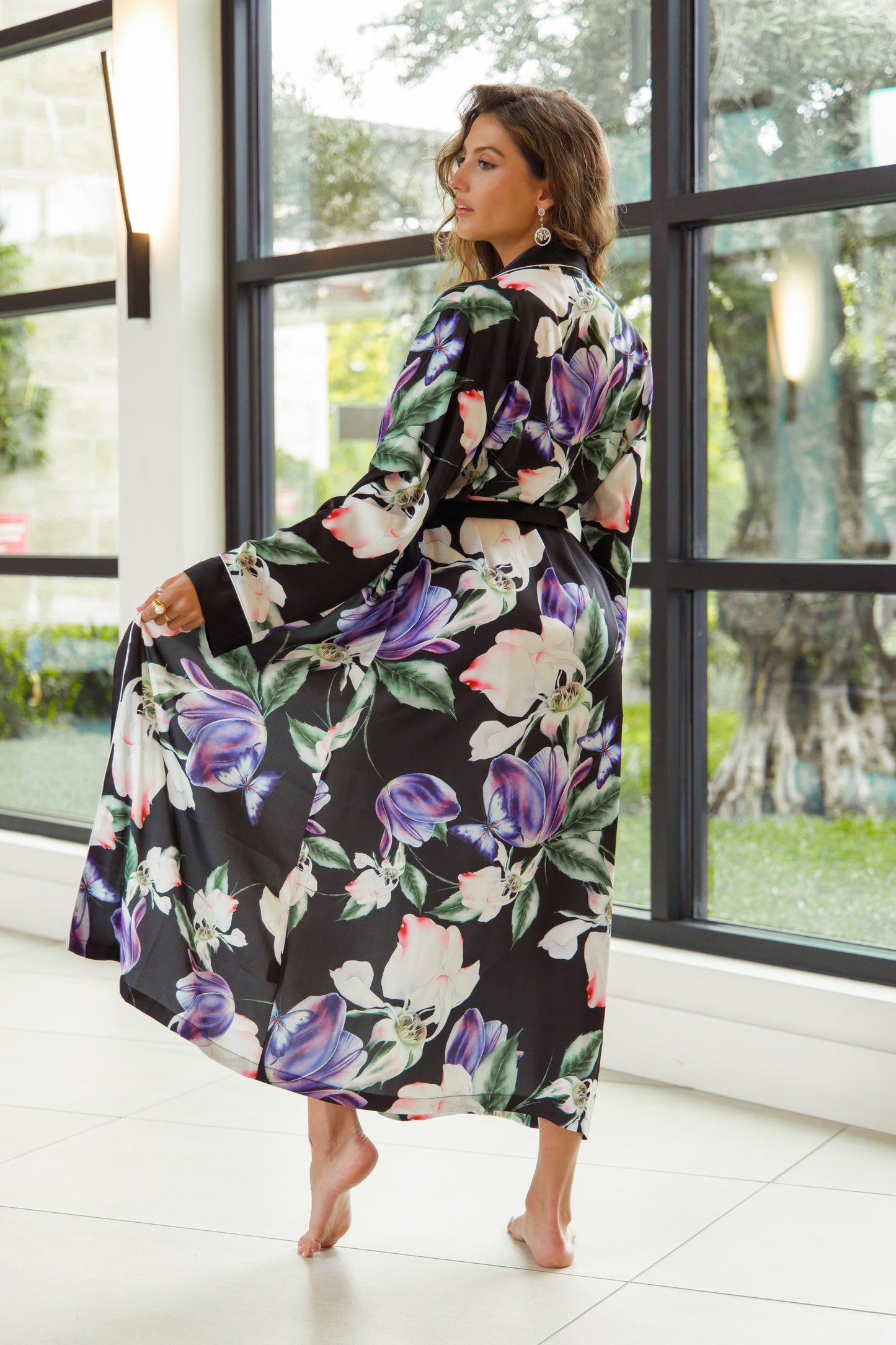 Purple Flower Print Silky Satin Robe With Belt