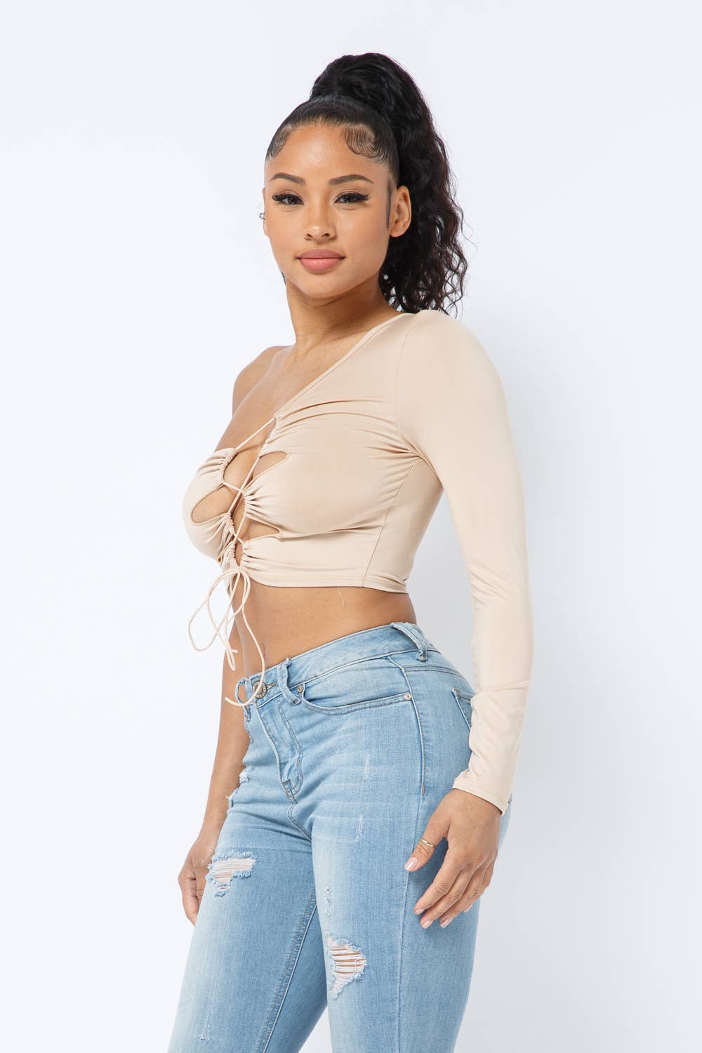 Yoga Fabric One Shoulder Front Open Tie Crop Top