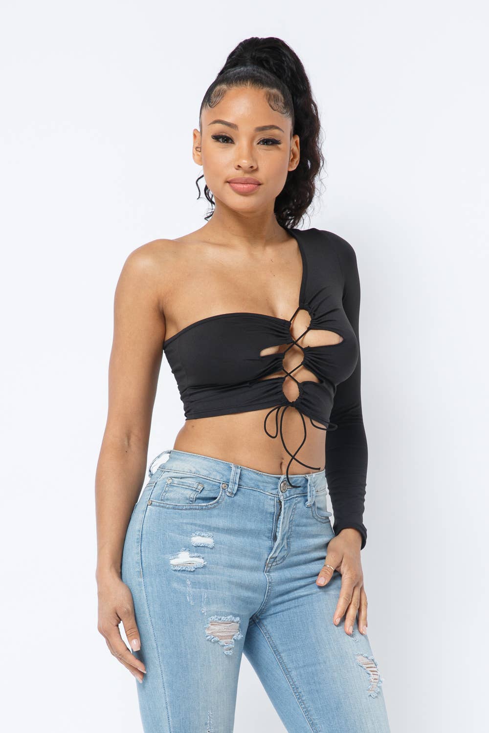 Yoga Fabric One Shoulder Front Open Tie Crop Top