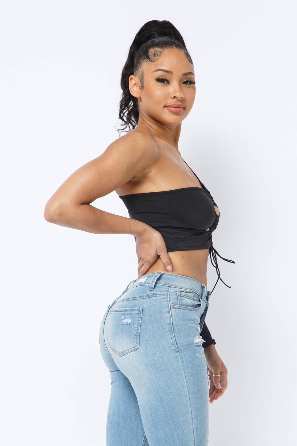 Yoga Fabric One Shoulder Front Open Tie Crop Top