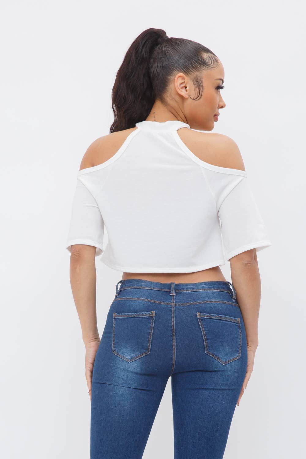 French Terry Solid Shoulder Cut Out Detail Half Sleeve Top