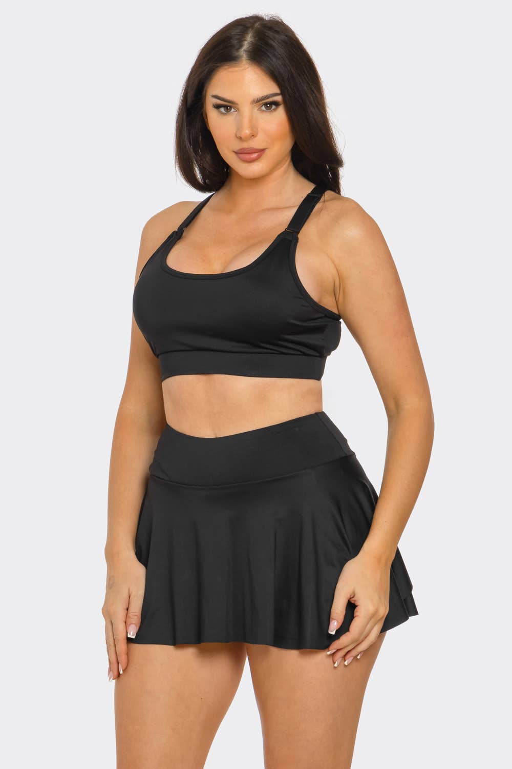 Solid Tank Top And Pleated Inside Shorts Skirt Set