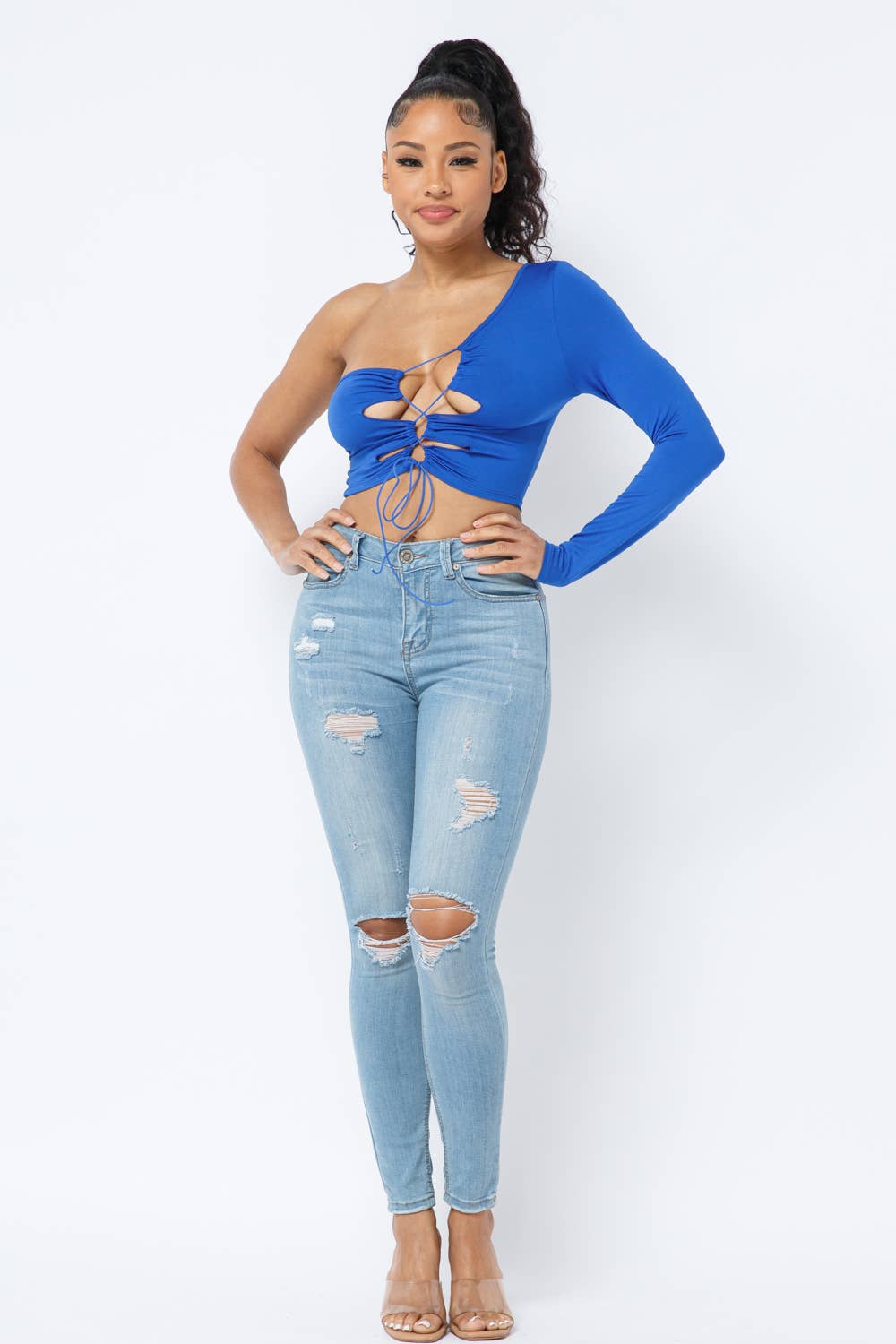 Yoga Fabric One Shoulder Front Open Tie Crop Top