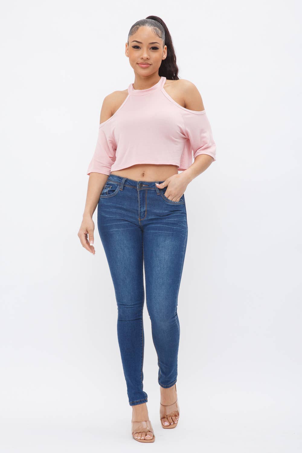 French Terry Solid Shoulder Cut Out Detail Half Sleeve Top