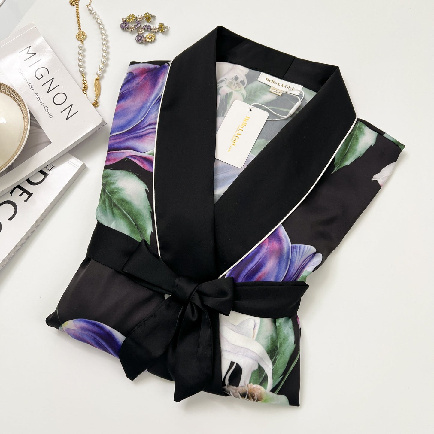 Purple Flower Print Silky Satin Robe With Belt