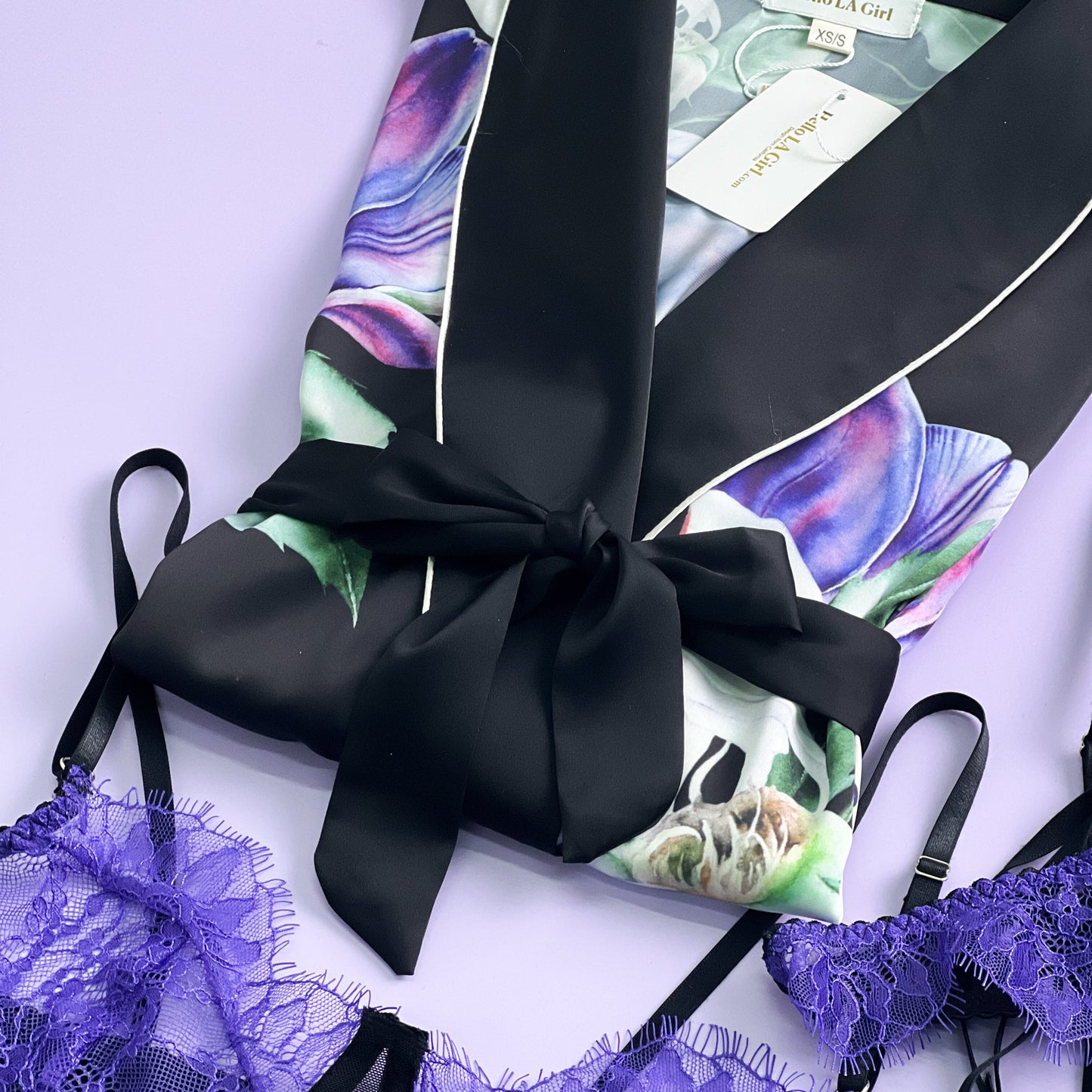 Purple Flower Print Silky Satin Robe With Belt