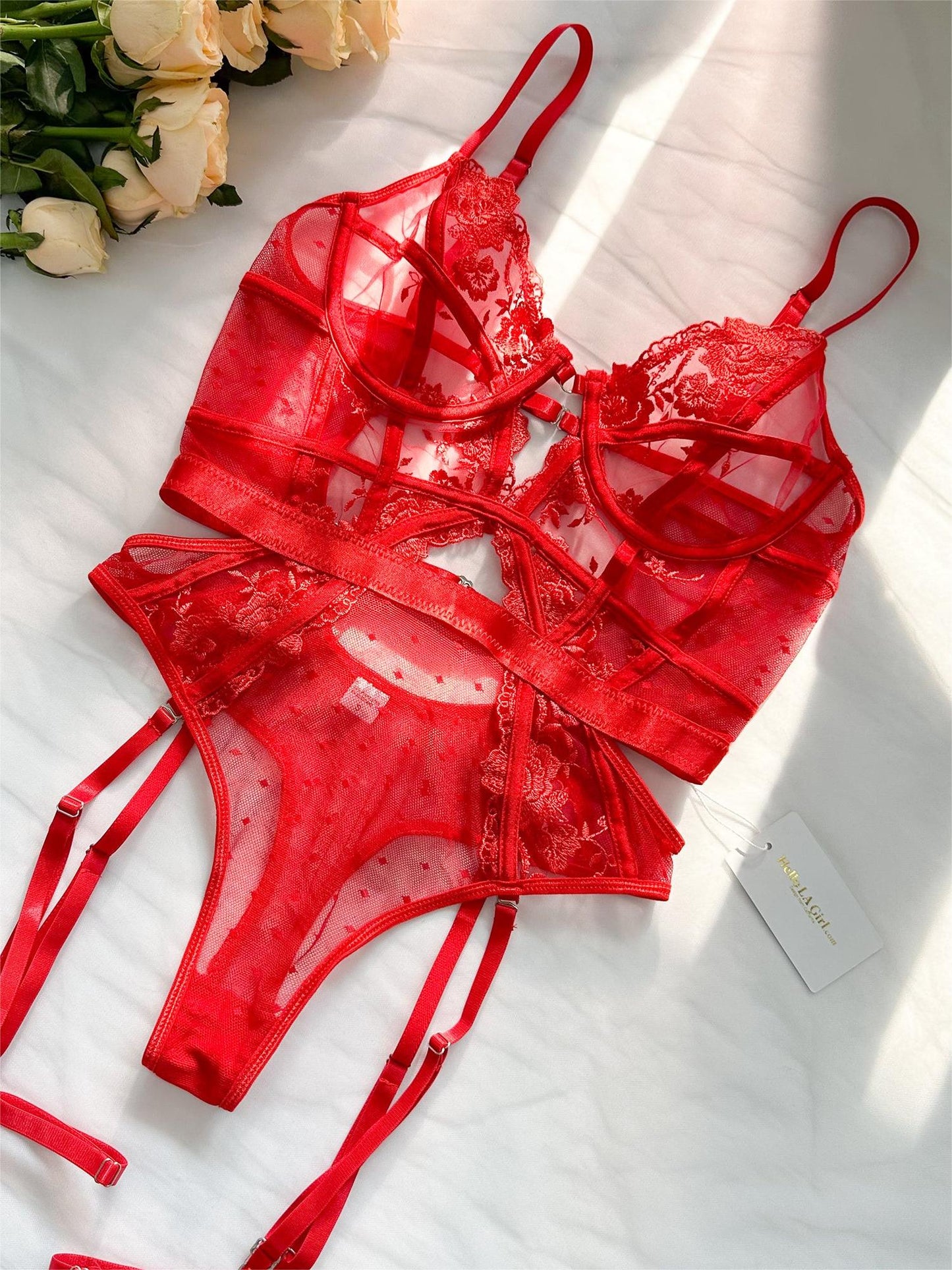 Red Solid Elegant Embroidered Lace Bodysuit
