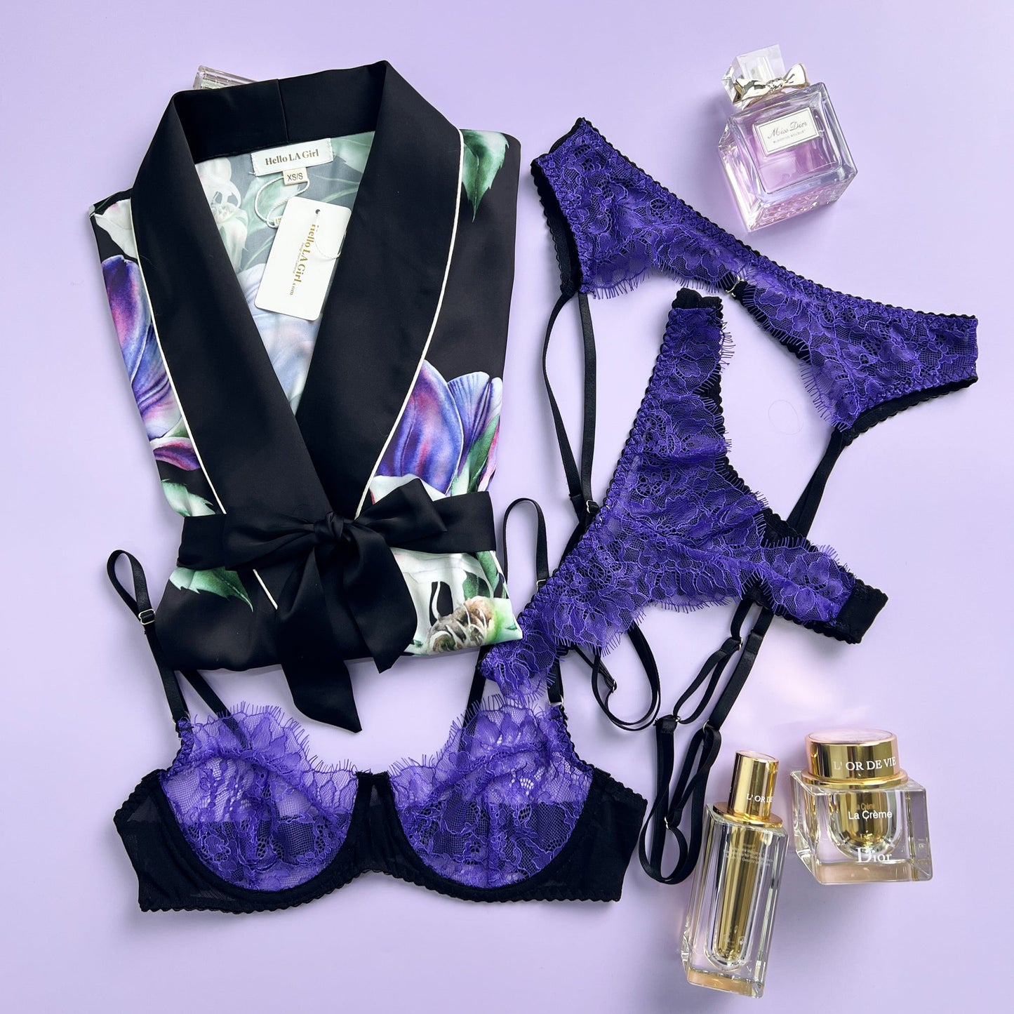 Purple Flower Print Silky Satin Robe With Belt