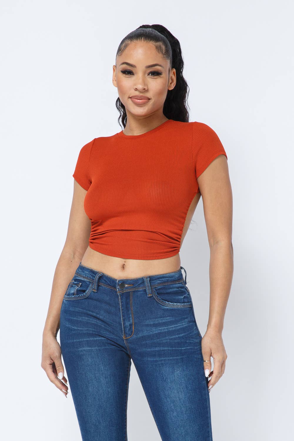 Rib Open Back String Tie Crop Top