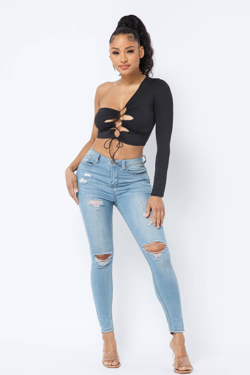 Yoga Fabric One Shoulder Front Open Tie Crop Top