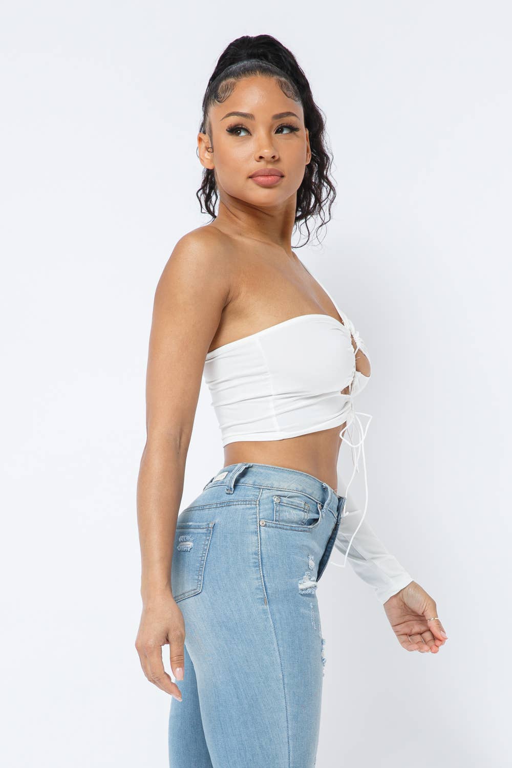 Yoga Fabric One Shoulder Front Open Tie Crop Top