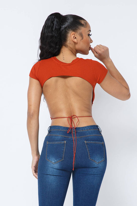 Rib Open Back String Tie Crop Top