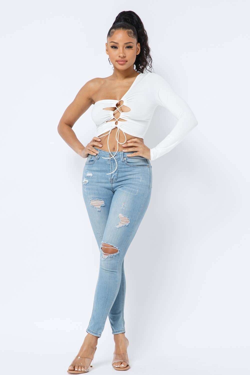 Yoga Fabric One Shoulder Front Open Tie Crop Top