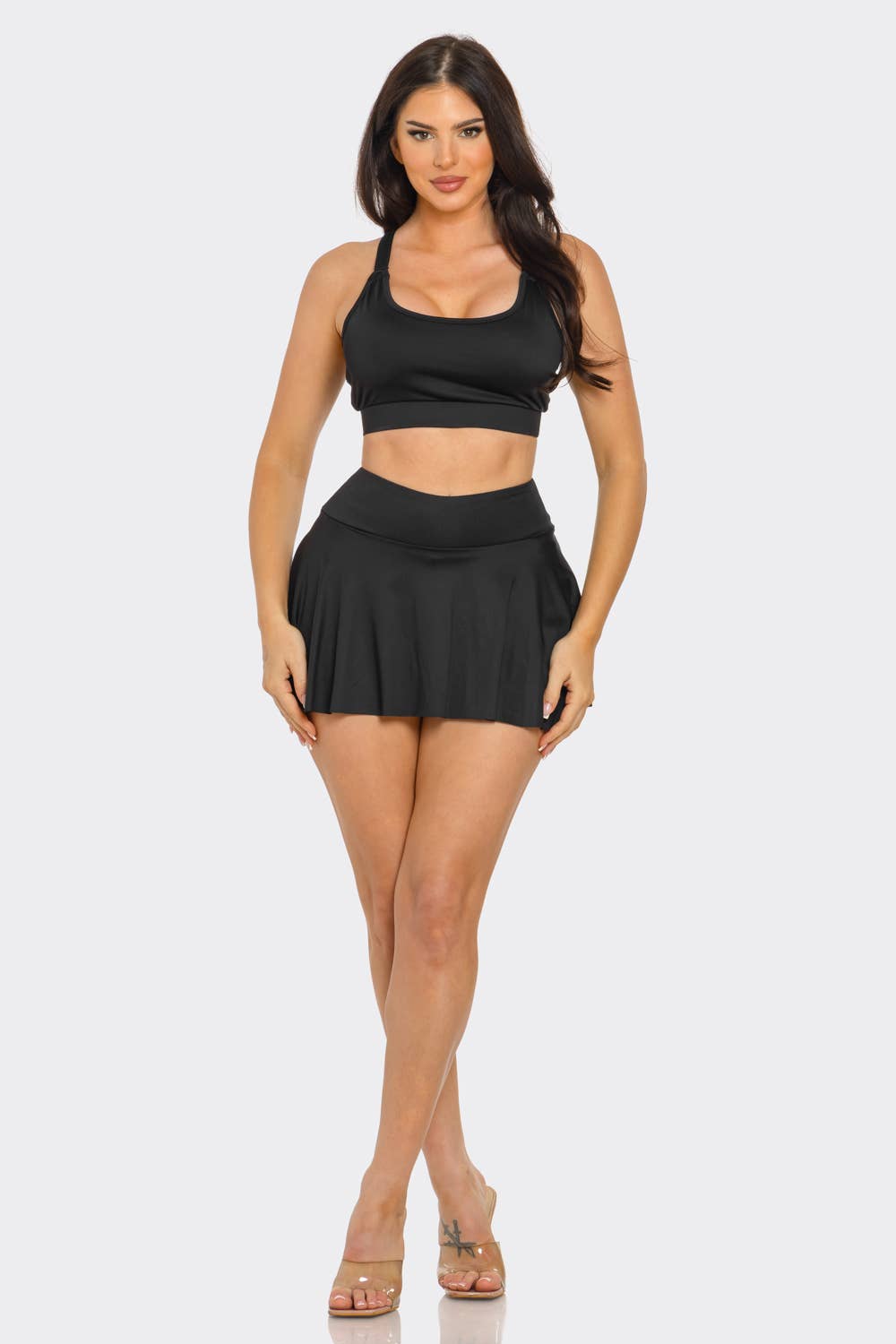 Solid Tank Top And Pleated Inside Shorts Skirt Set