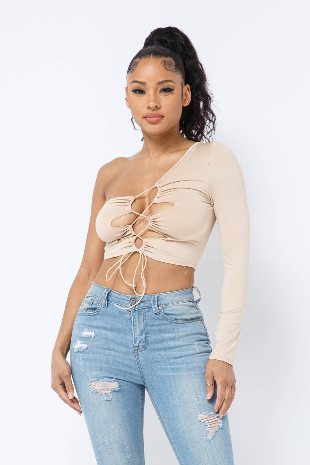 Yoga Fabric One Shoulder Front Open Tie Crop Top